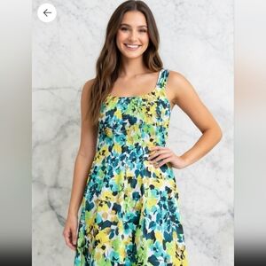 London Times Floral Sleeveless  Dress - Blue, Yellow, Green